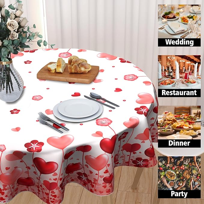 Giwawa Red Love Hearts Round Tablecloth 60 Inch Valentine's Day Decorative Table Cloth Polyester Fabric Washable Table Cover for Dining Date Wedding Anniversary
