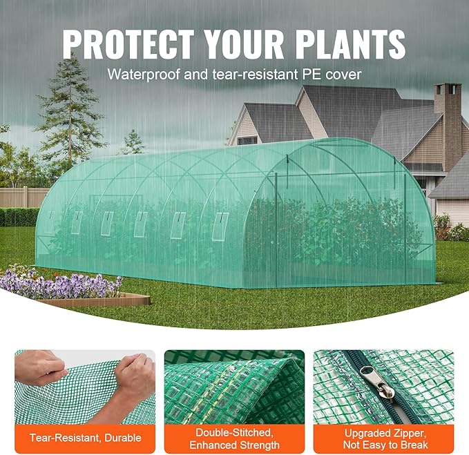 VEVOR Walk-in Tunnel Greenhouse, 29.2x9.7x6.5 ft Hoop House Greenhouse Tunnel, Plant Hot House with Galvanized Steel Frame, Green PE Cover, Roll-up Zipper Door and 12 Windows for Outdoor