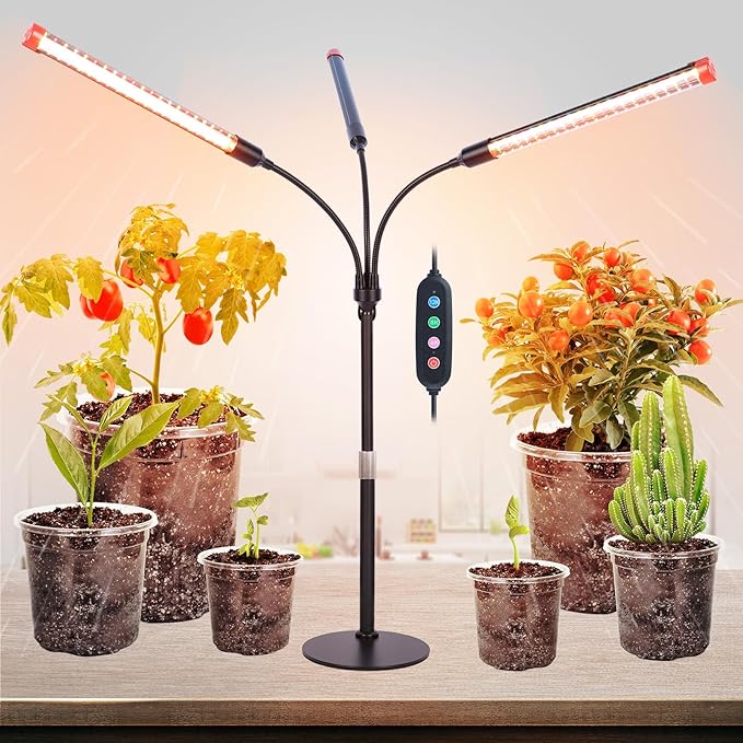 3Head Table Top Grow Lights for Indoor Plants, Seed Starting, Vegetables, Bonsai with Auto On/Off Timer 4/8/12H, 27W Power Full Spectrum Desk LED Plant Growing Lamps, 360° Gooseneck