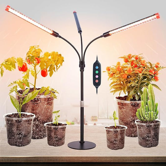 3Head Table Top Grow Lights for Indoor Plants, Seed Starting, Vegetables, Bonsai with Auto On/Off Timer 4/8/12H, 27W Power Full Spectrum Desk LED Plant Growing Lamps, 360° Gooseneck