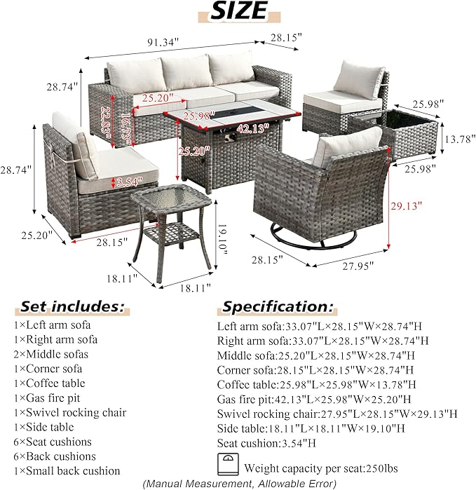 HOOOWOOO 9 Piece Modular Patio Outdoor Sectional Furniture Set with Large Propane Fire Pit Table,Wicker Conversation Sofa Set with Swivel Chairs,Outside Couch Set(Beige)
