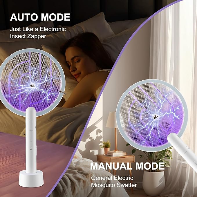 Electric Fly Swatter 3000V Bug Zapper Racket, 1200mAh Rechargeable Raqueta Electrica Mosquitos Hand Held Dual Modes Mosquito Killer with Purple Mosquito Light for Indoor Outdoor - 2Pack