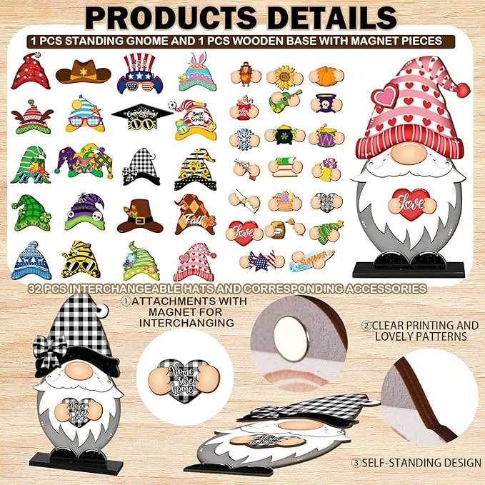 Blulu Interchangeable Wooden Gnome Decor DIY Holiday Seasonal Fall Gnomes Halloween Tiered Tray Decoration with Magnet Pieces Halloween Welcome Sign for Holiday Decorations(Classic)