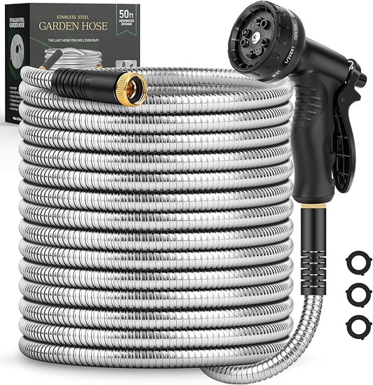 Garden Hose 50 FT, Metal Stainless Steel Water Hose with 10 Function Nozzles, No Kinks, Flexible Hose, Lightweight, Puncture Proof, Heavy Duty Hose for Yard and Outdoor