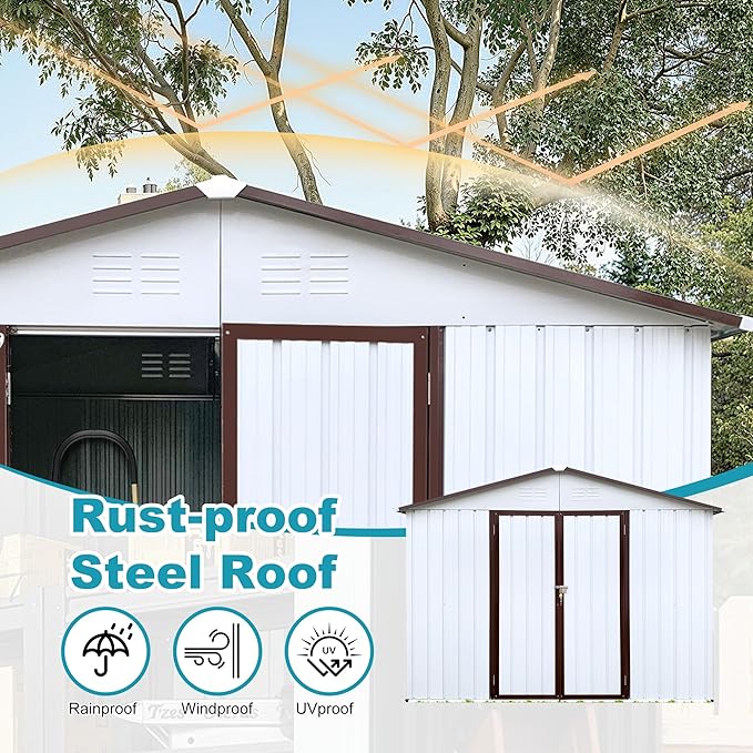 Storage Shed 8ft×6ft Classic Apex Roof Tool Shed Outdoor Storage Metal Garden Storage Sheds Tool Cabinet with Hinged Door Syste for Backyard, Patio, Poolside, White +Offee