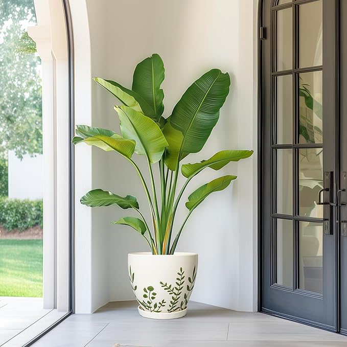 10 Inch Plant Pot - Ceramic Planter for Indoor Outdoor Flowers, Decorative Round Indoor Flower Pot with Drainage Hole and Saucer, Plant Lover Gifts, Garden Patio Home Office Decor, White