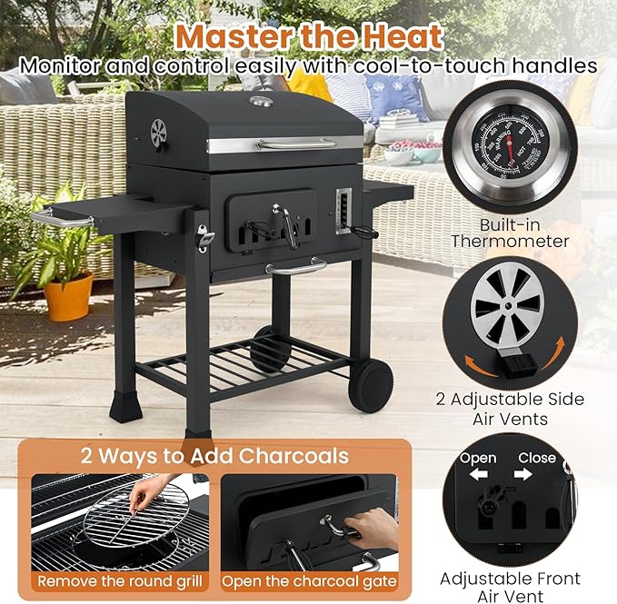 Happygrill Barrel Charcoal Grill with 2 Folding Side Tables, 24-Inch Outdoor Barbecue Grill w/544 sq.in Cooking Area, 6-Gear Charcoal Tray & Storage Shelf, Portable Griddle w/Wheels for Camping Picnic