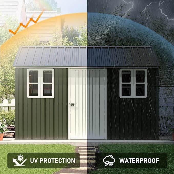Vanacc 12x10.3x8.1 FT Galvanized Steel Outdoor Storage Shed with a Lockable Hinged Door and 2 Windows, Metal shed for Garden, Backyard, Dark Grey/White