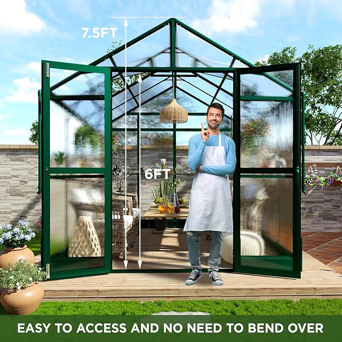 HOWE 8x8x7.5 FT Aluminum Greenhouses for Outdoors,Polycarbonate Greenhouse with 2 Vents Lockable Swing Door Rain Gutter,Walk-in Greenhouse for Backyard Plants,Green