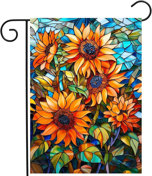 Fall Sunflower Garden Flag 12x18 Double Sided Small Autumn Flags for Outside Thanksgiving Outdoor Flag Stained Glass Floral Yard Flags Fall Porch Lawn Flags Decorative