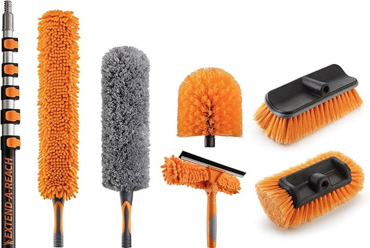 30 Foot High Reach Telescoping Duster Kit and Vinyl Siding Brushes with 5-24 ft Extension Pole // High Ceiling Cleaning and Window Washing kit // Exterior & Interior House and Gutter Cleaning Brush