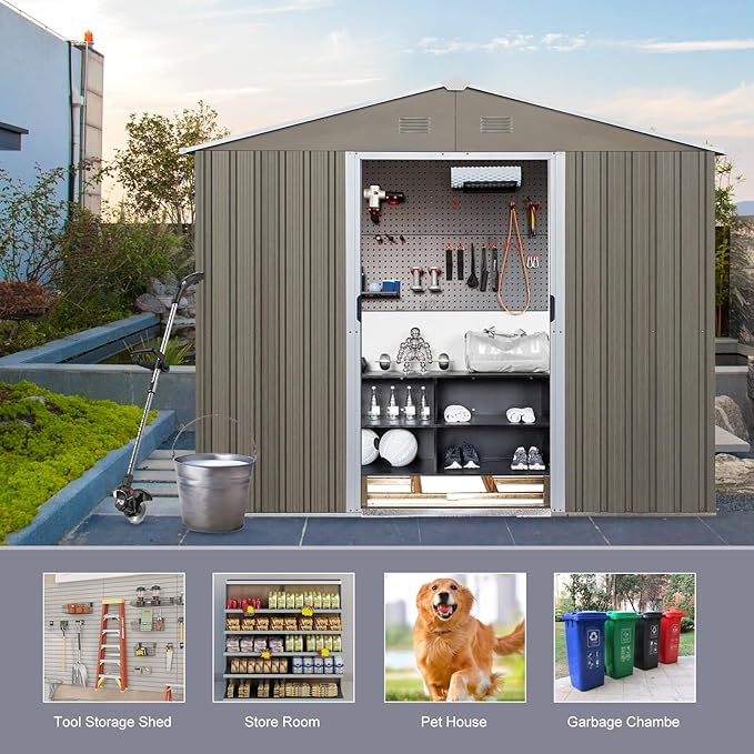 6x8 FT Outdoor Storage Shed, Metal Garden Shed with Frame Floor, Outside Tool Shed with Lockable Sliding Doors, Waterproof Storage Building with Sloped Roof for Backyard, Patio, Lawn, Gray