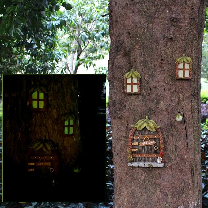 Fairy Door and Windows Garden Kit Accessories Outdoor, Glow in Dark Gnome House for Tree, Lawn Yard Art Sculpture, Miniature Garden Decor (Leaf)