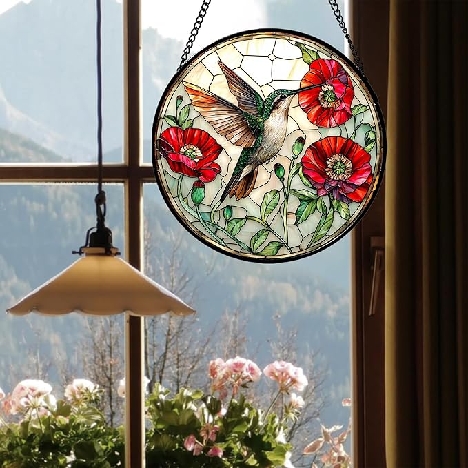 Stained Glass Window Hanging - Green Hummingbird Red Flower Suncatcher for Door Terrace Garden Home Decor Bird Landscape Sun Catcher Birthday Gifts for Lovers Women Men Dad Mom Nana 15 in