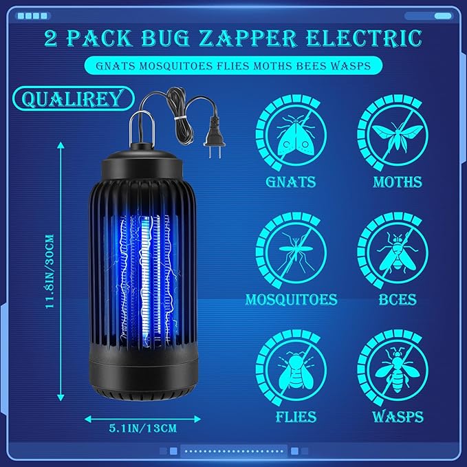 Qualirey Electric Bug Zapper 1000V Mosquito Killer Lamp Portable Insect Killer Indoor Fly Zapper Trap Mosquito Repellent Outdoor Insect Catcher UV Light for Backyard Patio(2 Packs)