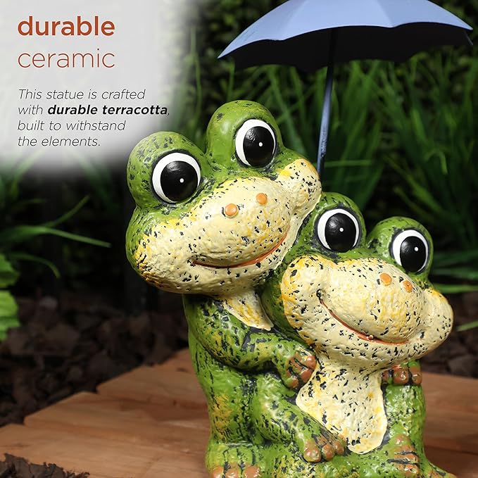 Alpine Corporation QWR1008HH Frog Duo with Purple Umbrella Statue, Playful Statuary Decor for Garden, Patio, & Lawn, 11" H