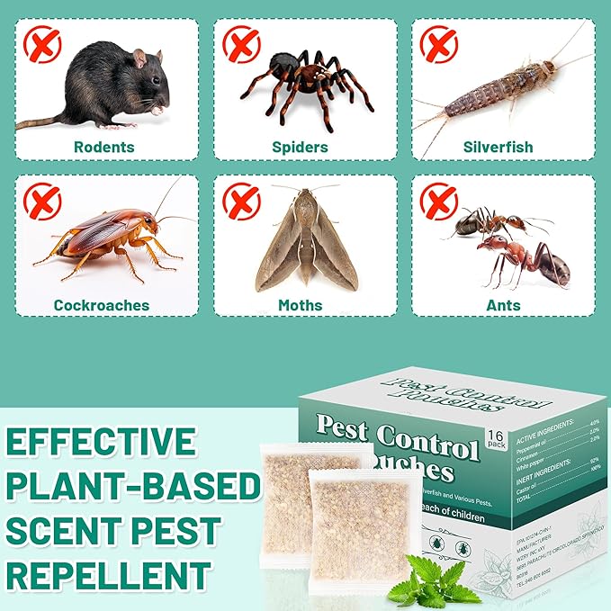 16 Pack Mouse Repellent Pouches Peppermint Oil Mice Deterrent for Indoor & Outdoor Use, Keep Mice, Rats, Squirrel, Spider, Pest Out of Garden Car RV House, Family & Pet Safe