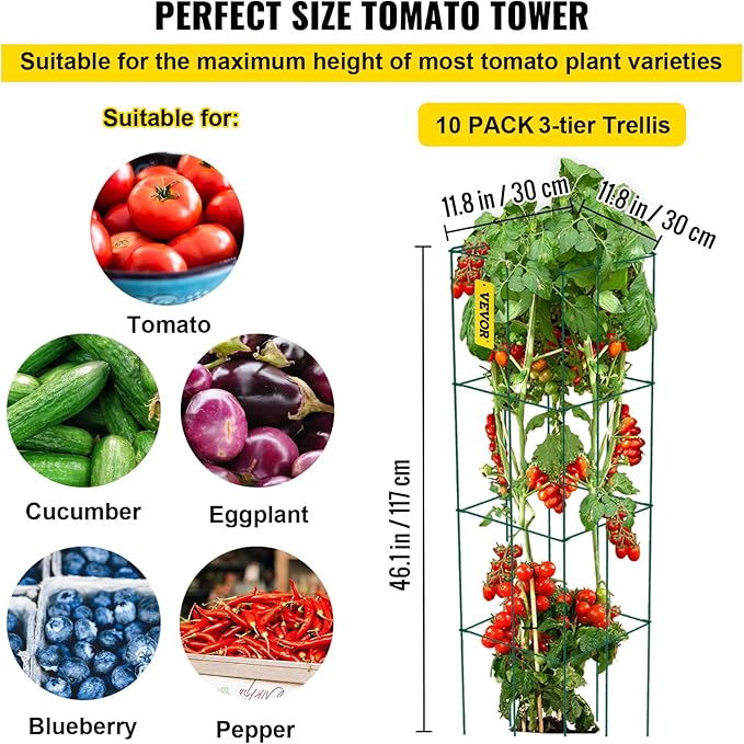 VEVOR Tomato Cages, 11.8" x 11.8" x 46.1", 10 Packs Square Plant Support Cages, Green PVC-Coated Steel Tomato Towers for Climbing Vegetables, Plants, Flowers, Fruits