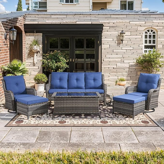 Wicker Outdoor Conversation Set-6 Pieces Outdoor Wicker High Back Couch with Swivel Rocker Chairs Patio Furniture for Deck Poolside Backyard-Grey/Blue
