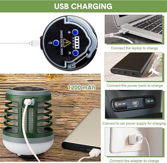 2 Pack 3 in 1 Bug Zapper USB Rechargeable Mosquito Killer Portable Waterproof Mosquito Repellent Outdoor Indoor LED Lantern Bug Zapper Camp Light SOS Emergency Light for Home, Backyard, Patio (Green)