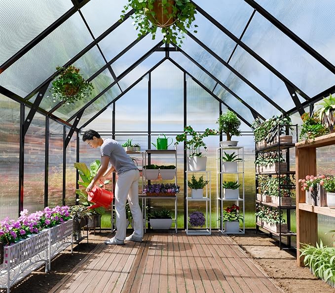 Outdoor Polycarbonate Greenhouse 12x10x10 FT Aluminum Frame Transparent Panels Heavy Duty Green House Kit with Windows Vents Door for Backyard Garden, Large Outsides Walk in Plant Greenhouses,Black