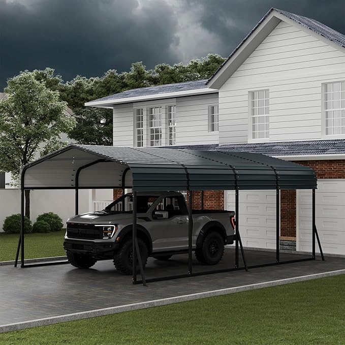 12' X 20' X 8.5' Heavy Duty Metal Carport with Galvanized Roof, Weatherproof Car Garage Shelter, All-Weather Permanent Cover for Cars/Trucks/Boats/Tractors
