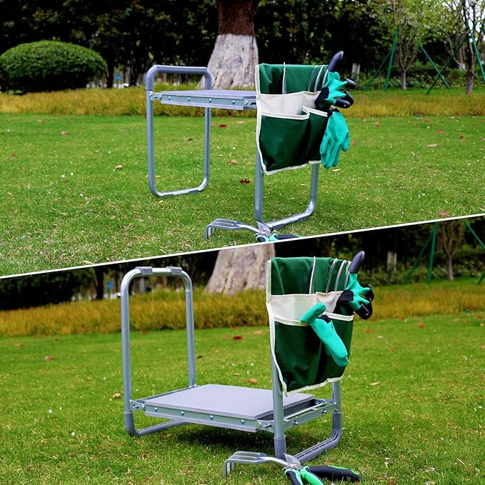 BDL Garden Kneeler Seat Foldable Durable Garden Stool with Tool Bag Pouch and Garden Gloves 330lb Capacity-Protects Your Knees, Clothes from Dirt & Grass Stains