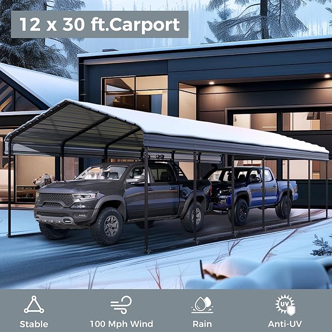 GREEN PARTY 12 x 30 ft Metal Carport Kits with Galvanized Steel Roof, Heavy Duty 2 Car Metal Carport Canopy, Outdoor Car Tent Metal Garage Shelter for Car, SUV, Truck and Boats, Grey