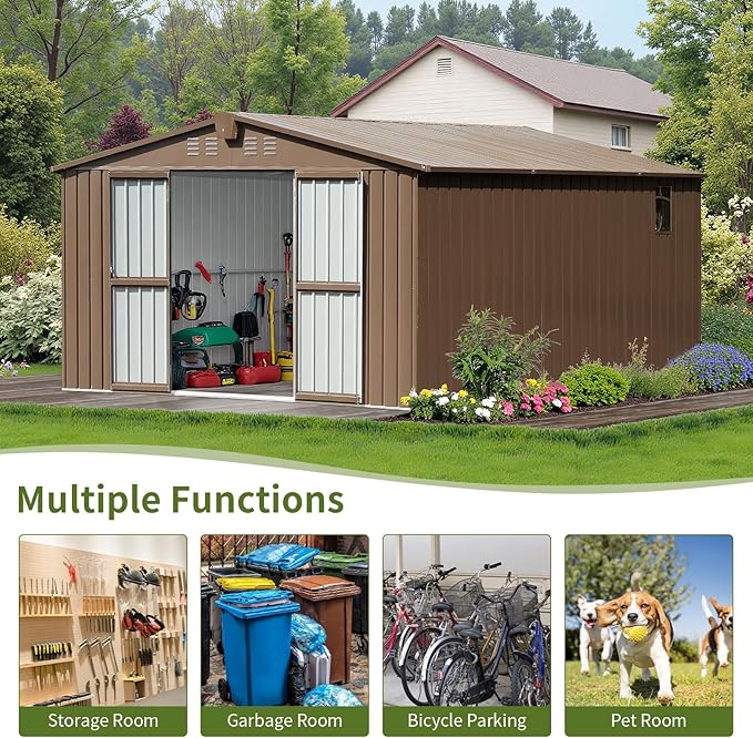 10x12 Ft Large Outdoor Storage Shed, Brown Metal Garden Outdoor Storage Workshop Shed with Lockable Doors, Windows, Air Vents, Waterproof for Backyard, Mower Storage, Backyard, Lawn, Patio