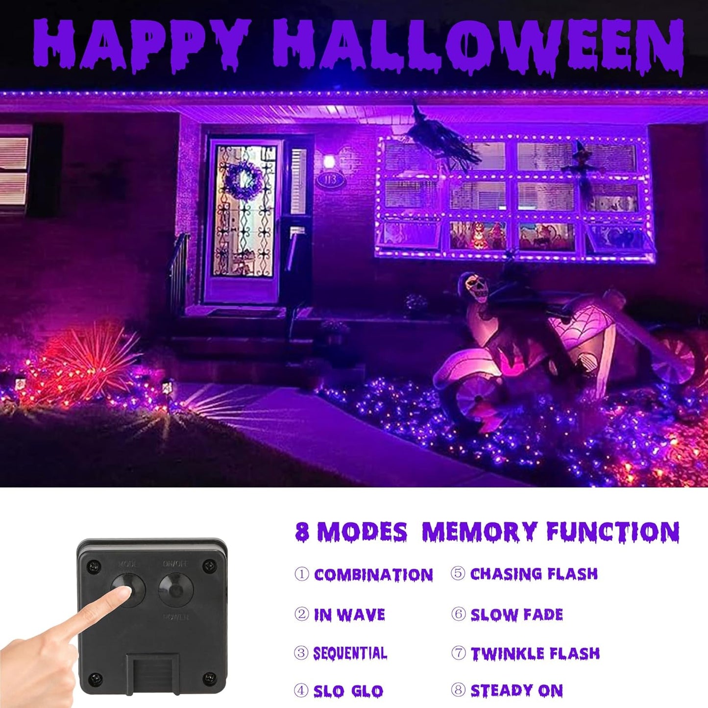 Joomer Purple Halloween Solar String Lights - 2 Pack Total 80FT 240LED Solar Fairy Lights, Waterproof Outdoor Twinkle Lights with 8 Modes for Garden, Porch, Trees, Halloween Decor (Black Wire)