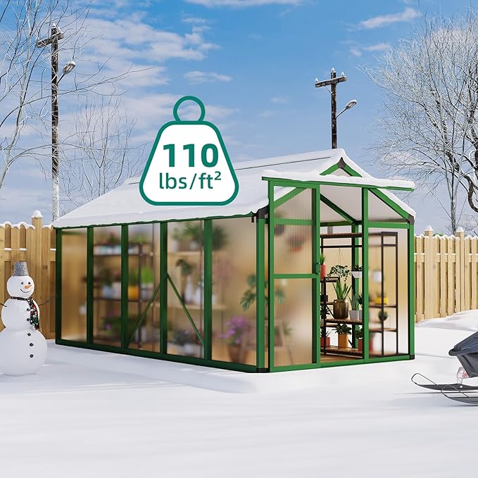 6x10 FT Greenhouse, Large Aluminum Greenhouses for Outdoors, Heavy Duty Polycarbonate Greenhouse with Roof Vent, Walk-in Green Houses for Winter Garden, Backyard, Patio, Lawn, Easy Assembly