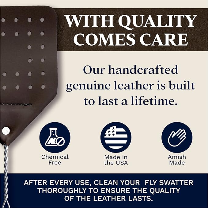 Leather Fly Swatter Set (1 Pack) – 17” Amish-Made Fly Swat w/Real Leather Paddle – Fly Swatters Multi Pack w/Metal Handle – Bug Swatter, Mosquito Swatter, Wasp Swatter (Chocolate)