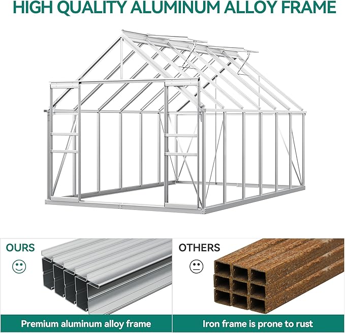 YITAHOME 12x8FT Polycarbonate Greenhouse Large Heavy Duty Green Houses Outdoor Aluminum Greenhouses with Sliding Doors Vent Window Walk-in Greenhouse for Garden Backyard, Silver