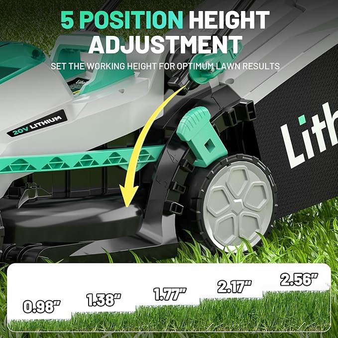 Litheli Cordless Lawn Mower 13 Inch, 5 Heights, 20V Electric Lawn Mowers for Garden, Yard and Farm, with Brushless Motor, 4.0Ah Battery & Charger Included