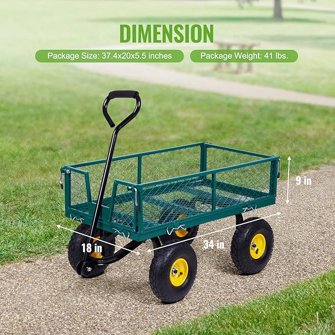 Backyard Expressions Heavy-Duty Steel Garden Cart – 400 lb Capacity, Removable Mesh Sides, Flatbed Convertible Yard Wagon with 10" Pneumatic Tires