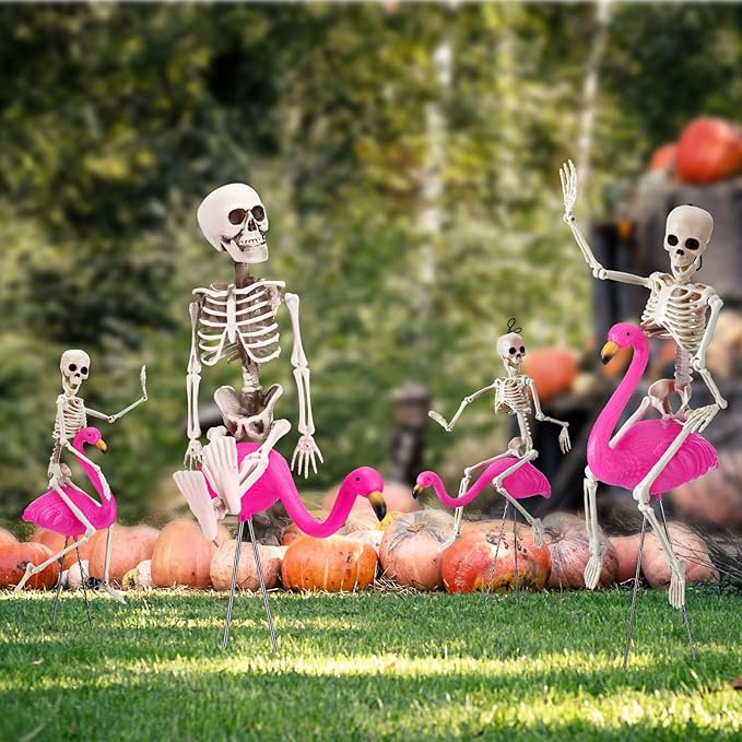 8 Pcs Halloween Skeleton Flamingo Decoration Outdoor Yard Ornament 15.7" Plastic Skeleton Decor with Posable Legs Flamingo Statue Decor for Yard Garden Lawn(Pink,M,Classic)