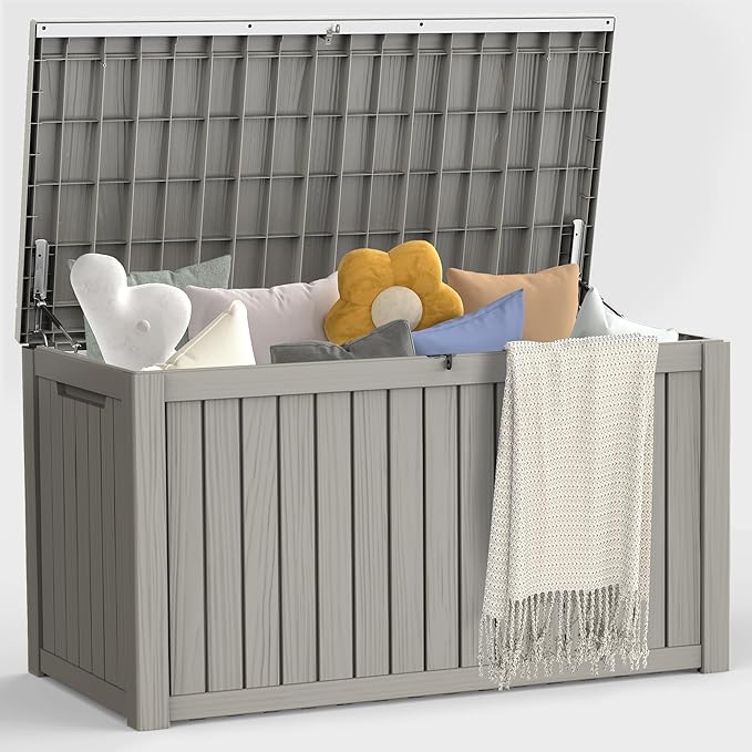 180 Gallon Outdoor Storage Box, Waterproof Deck Box with Handles and Lockable Lid, Resin Patio Storage Box with Hydraulic Rods for Garden Tools, Cushions, Grey