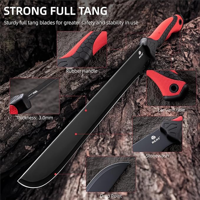 REAT Gardening Heavy Duty Machete,24" Full Tang Machete with Shaeth,Ergonomic No-Slip Handle,Machetes for Bushcraft, Outdoor Hunting, Garden Cutting Trees and Yard Work (Red)