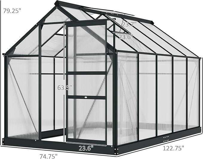 Outsunny 6' x 10' Greenhouse for Outdoors, Polycarbonate Greenhouse with Rain Gutter and Roof Vent, Aluminum Walk-in Green Houses for Outside for Patio Backyard Garden, Gray
