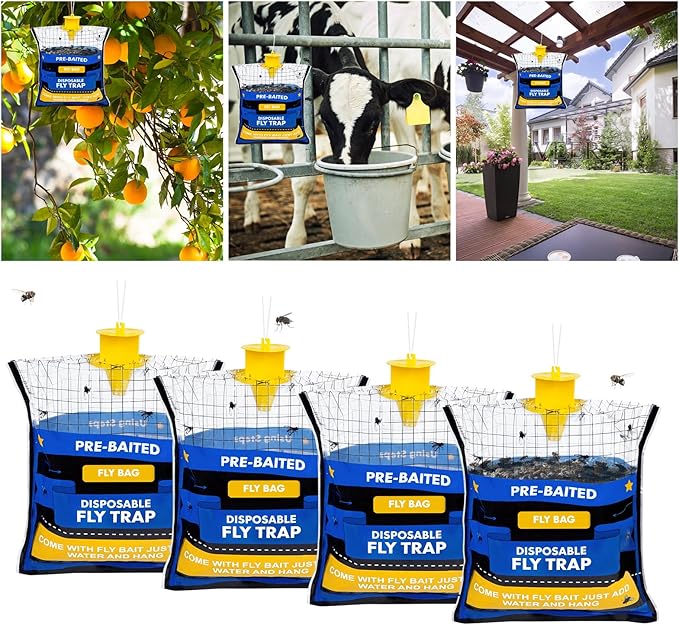 4 Fly Traps Hanging Outdoor, Natural Pre-Baited Fly Bag Outdoor Disposable, Fly Catcher, Killer, Hunter, Stable, Farm, Barn, Ranch, Fly Trap for Mosquitoes