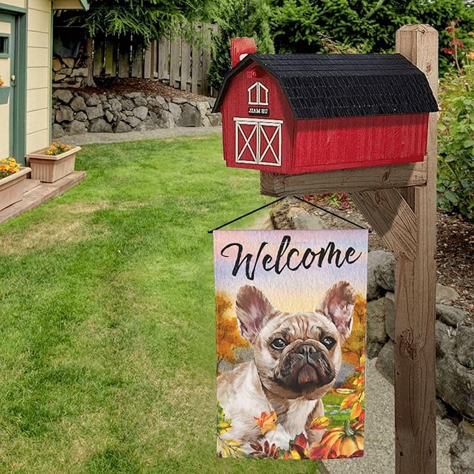 French Bulldog Autumn Pumpkin Fall Dog Garden Flag Welcome Party Outdoor Outside Decorations Picks Home House Garden Yard Decor 12x18 Inch