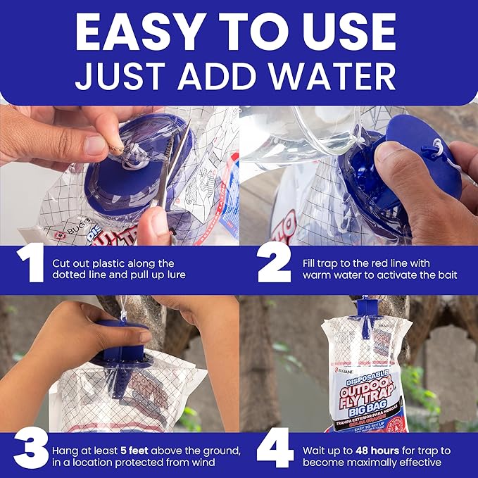 Fly Traps Outdoor Fly Trap for Patio. 4 Large Non-Toxic Pre-Baited Flies Bags Outdoor Disposable. Big Hanging Bug Catchers for All Filth Flies Killer for Outside Bug Control in Yard Horse Ranch