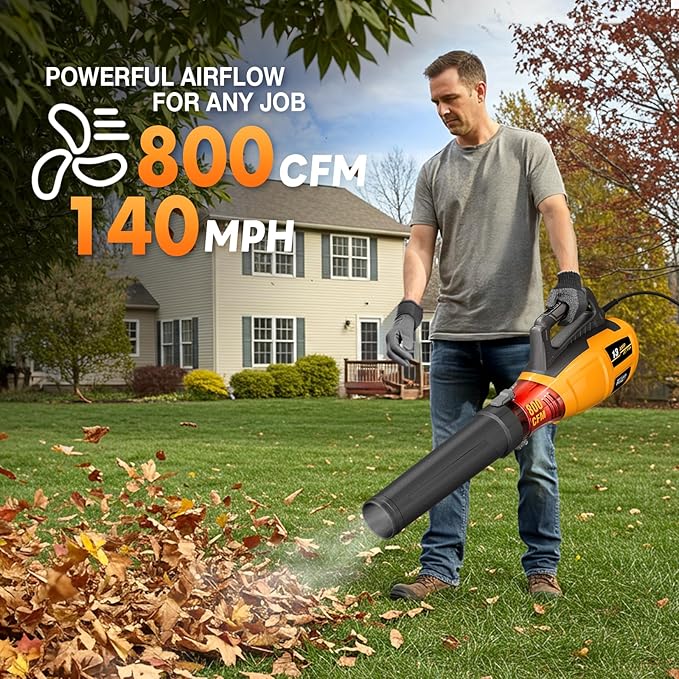ALLOYMAN 13AMP Corded Electric Leaf Blower, 800CFM 140MPH Powerful Plug-in Blower, Lightweight & Portable Electric Leaf Blower for Lawn Care, Patio Cleaning, Yard Dust & Fallen Leaves