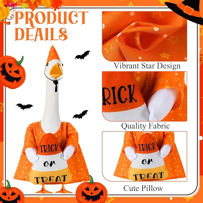 Sanwuta 1 Set Halloween Porch Goose Outfit Candy Corn Pillow Design with Hat for 23" Lawn Cement Goose Porch Geese Clothes Costume for Halloween Garden Patio Yard Outdoor Decorations