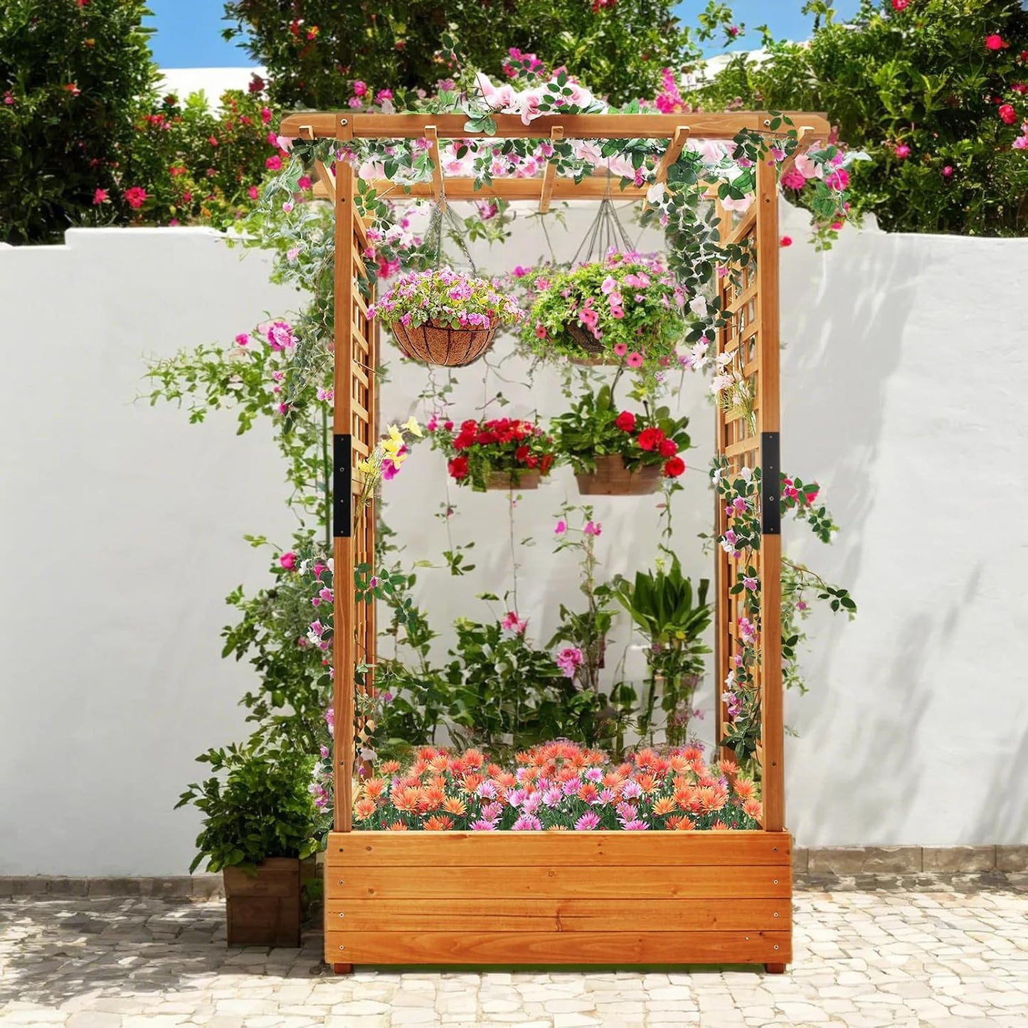 Raised Garden Bed Wooden Patio Planter with Trellis Outdoor Climbing Cucumber Box Pots Tomato Flower Vegetable Herb Porch, Tall Hanging Roof, Orange, 42.5" L x 17.3" W x 66.1" H