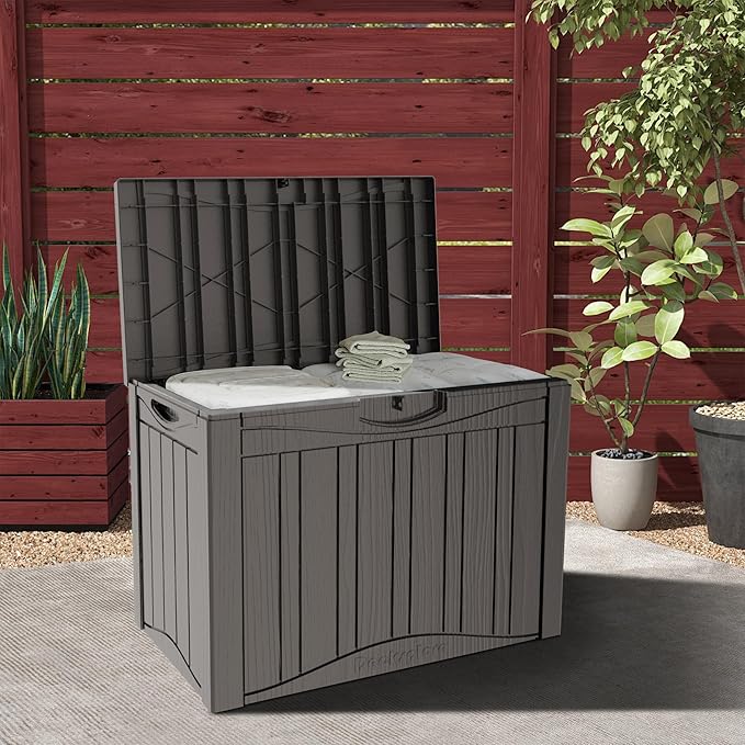 50GAL Brown Deck Box with Special Pattern and Lock Hole - Waterproof, SGS - Approved UV Resistance, Stylish Storage for Outdoor Cushions and Decor, Effortless Assembly Process