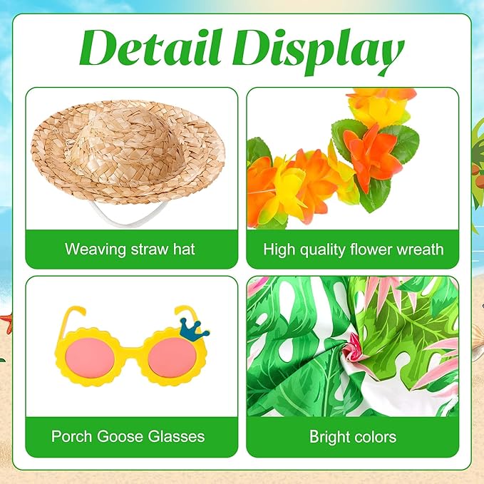 DECOHS 4 Pcs/Set Hawaiian Porch Goose Outfits, Summer Lawn Goose Costume, Yard Goose Clothes Hawaiian Wreath with Straw Hat Glasses for 23" Statue Patio Garden Decoration