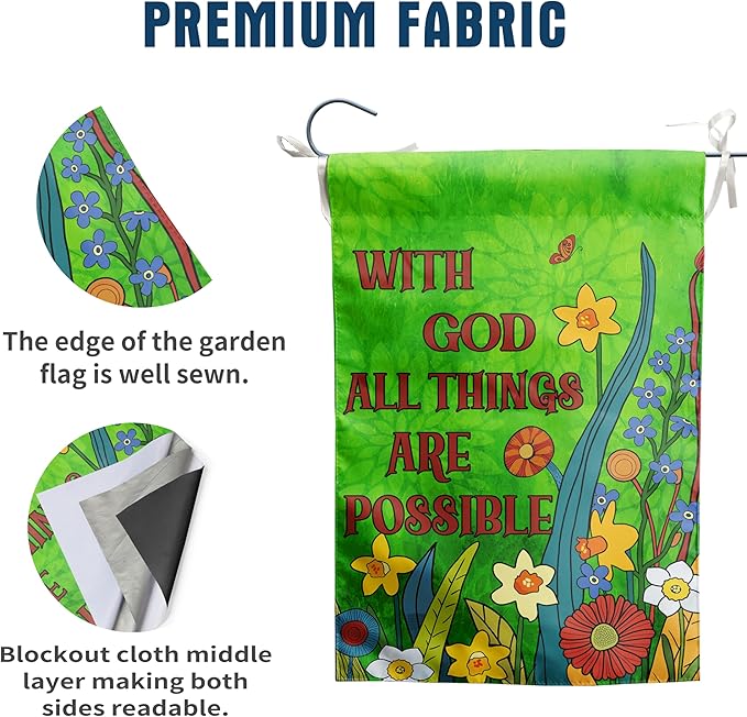 Religious Garden Flags Christian Flags for Outside Spring Floral Yard Flags Small Summer Outdoor Flag Green Flower with God All Things are Possible Banner 12x18 Double Sided