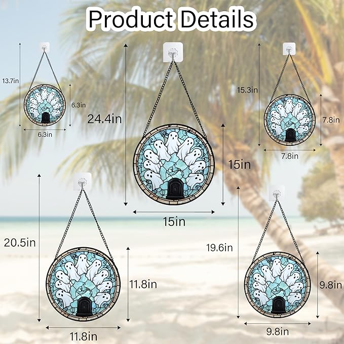 Stained Glass Window Hanging - Halloween Decorations Ghosts Tombstones Suncatcher for Doors Garden Indoor Spooky Funny Sun Catchers Gothic Decor Horror Gifts for Women Men Friend 7.8 in