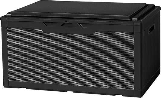 Flamaker Deck Box with Cushion 100 Gallon Waterproof Resin Storage Box with Air Rod Indoor Outdoor Lockable Storage Bench for Patio Furniture, Tools, Pool Accessories (Black)